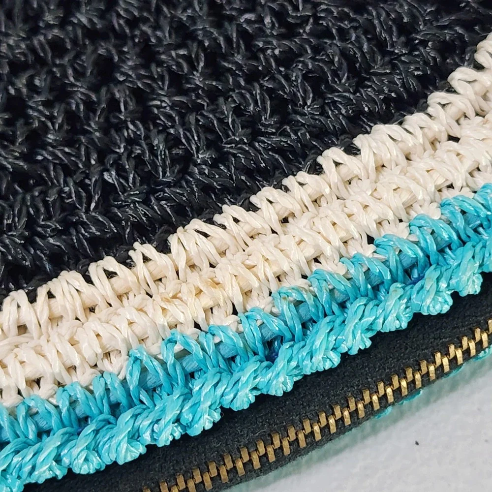 Vintage Woven Straw Raffia Half Moon Clutch Bag Made in Japan Black Blue Cream
